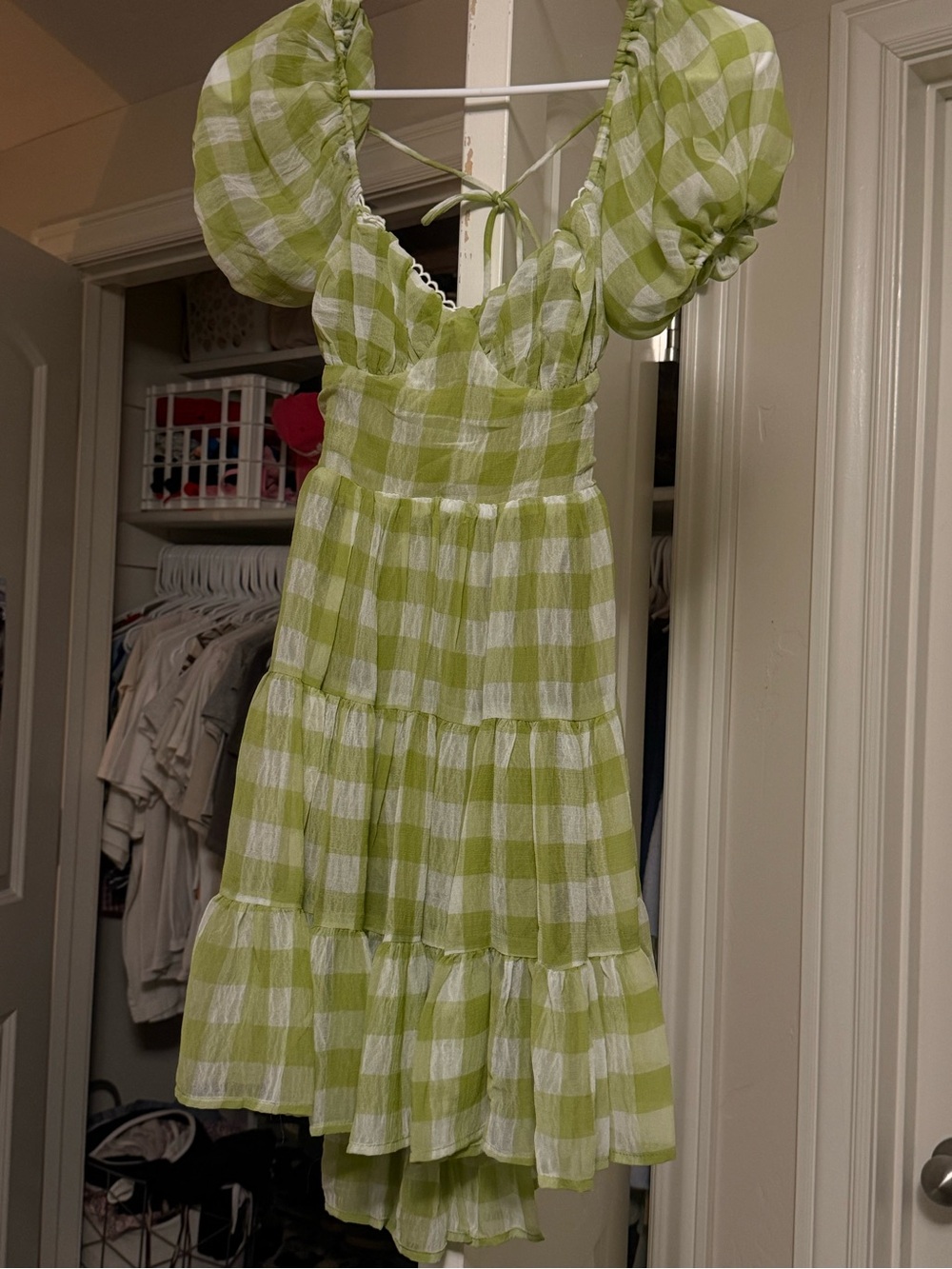 Princess Polly- size xs - Green and White Gingham Puff-Sleeve Mini Dress